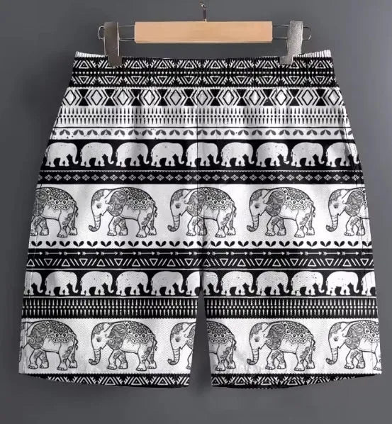 Men's casual polyester shorts in various patterns with Asian sizing from S to 5XL