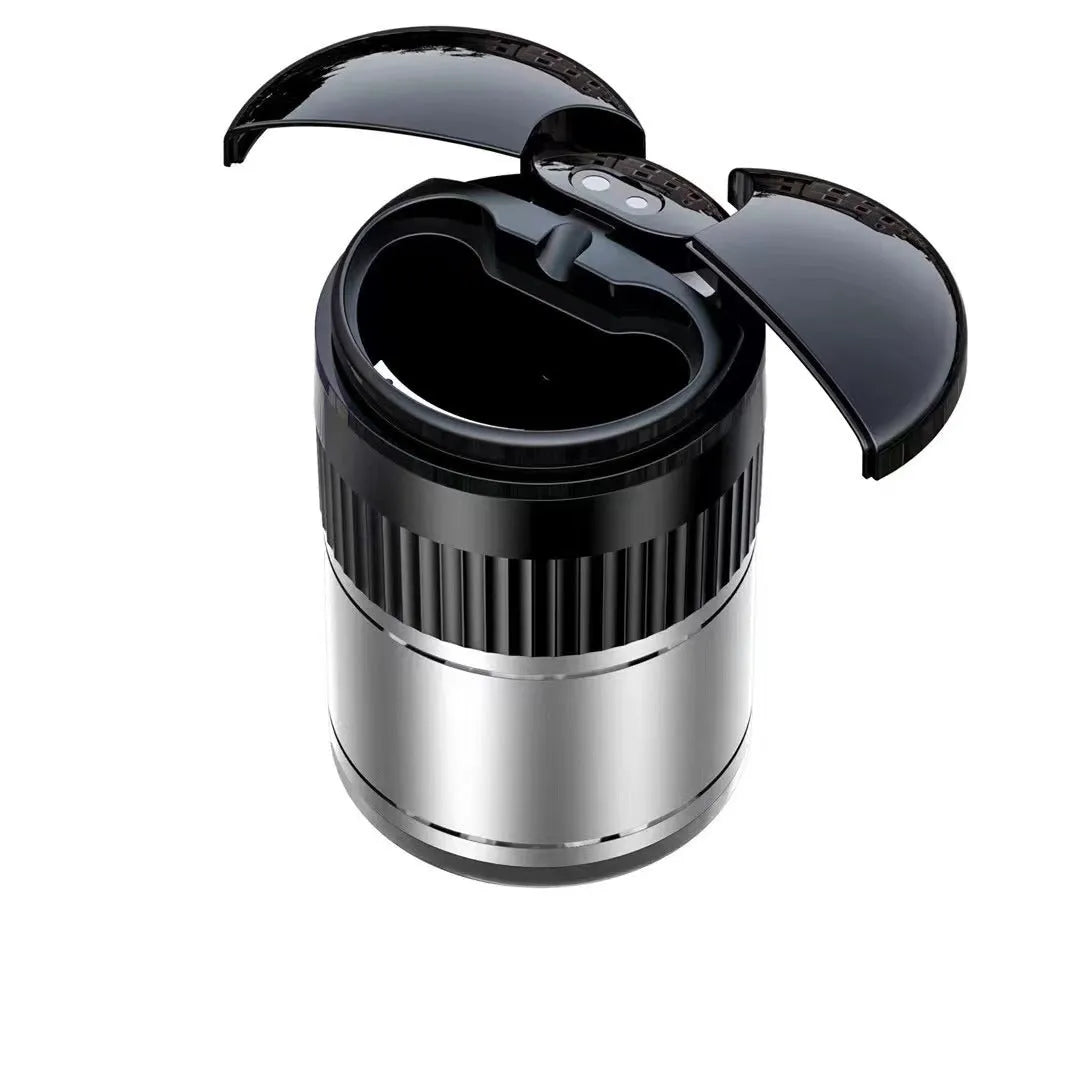 Metal smart car ashtray with automatic lid in black, showing compact 113mm x 72mm size.