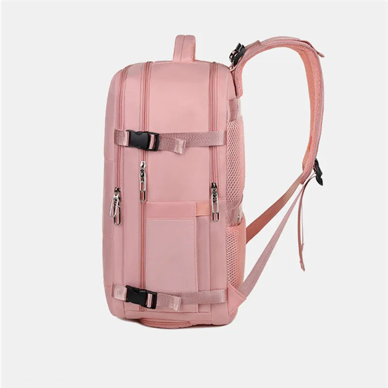 Large purple Oxford cloth travel backpack with multiple compartments and an air pillow belt on the straps.