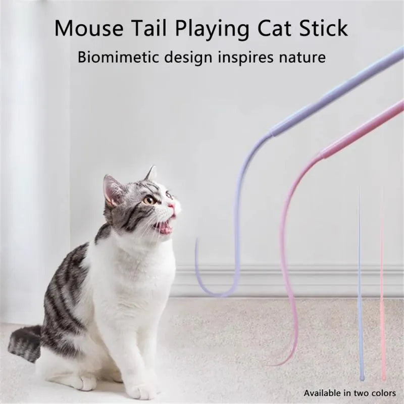 Simulated mouse tail cat toy with silicone tail and cat head handle design