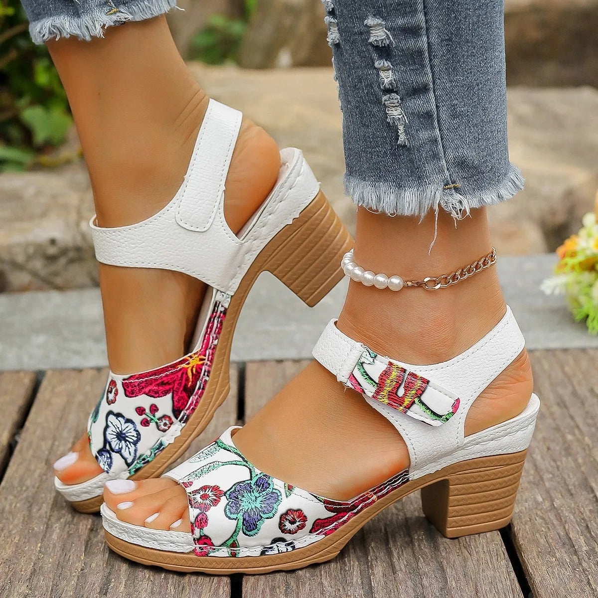 White women's high heel sandals with velcro buckle strap and rubber sole