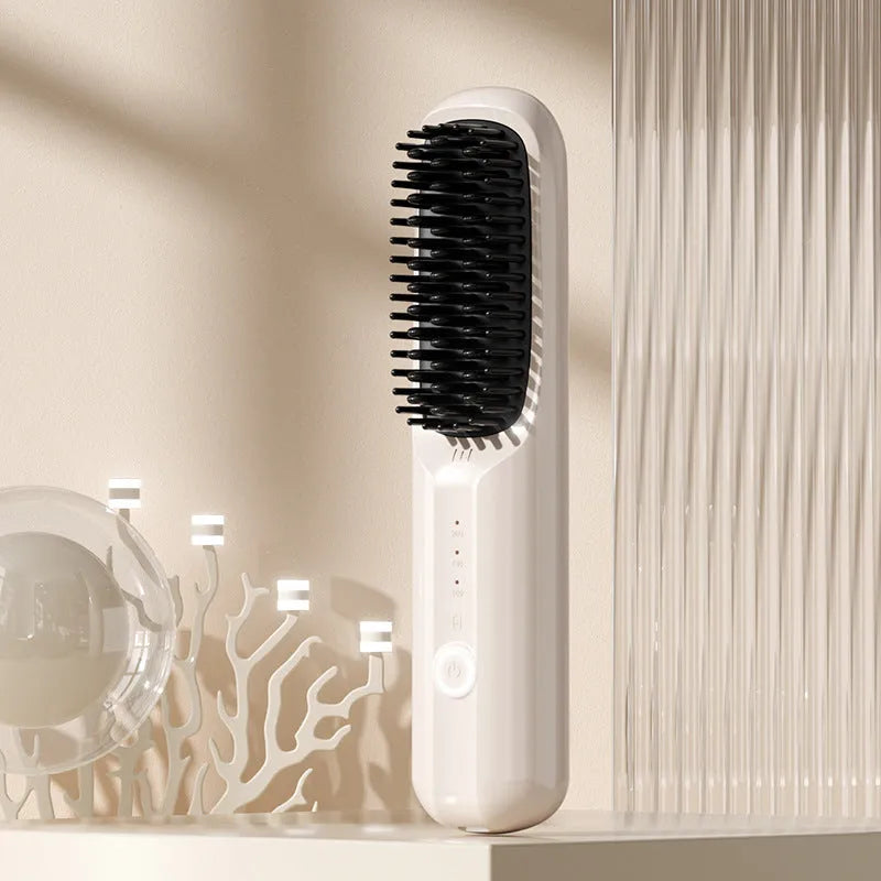 Wireless anion straight comb in beige, black, pink, or purple colours with USB-C charging port.