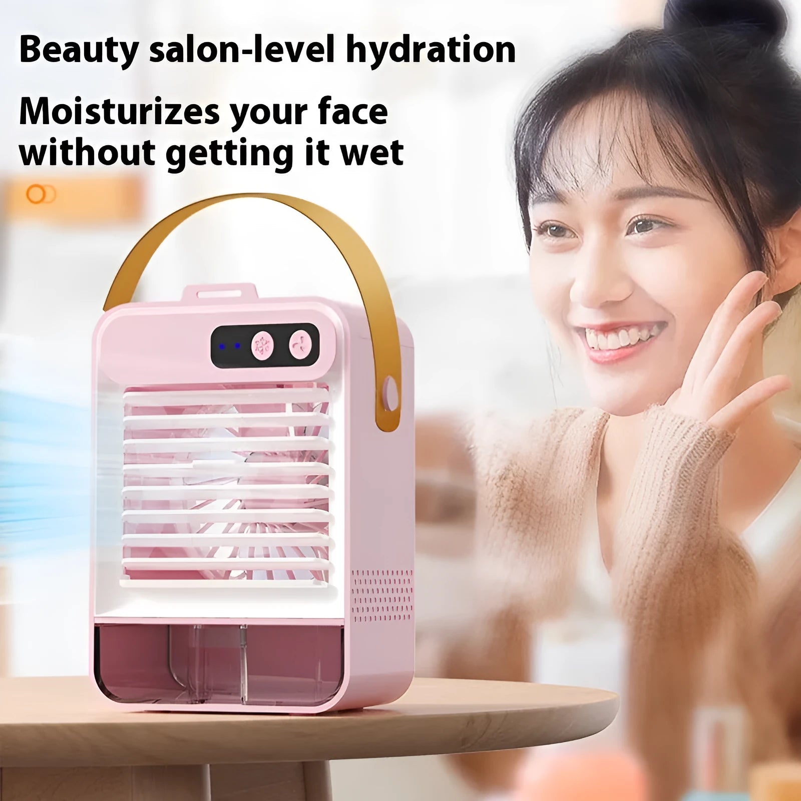 Dark green desktop humidifying air cooler with USB cable and compact dimensions for personal cooling