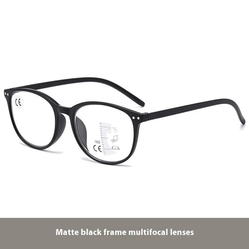 Women's ultra-light presbyopic glasses with multi-focus lenses in various frame colour options