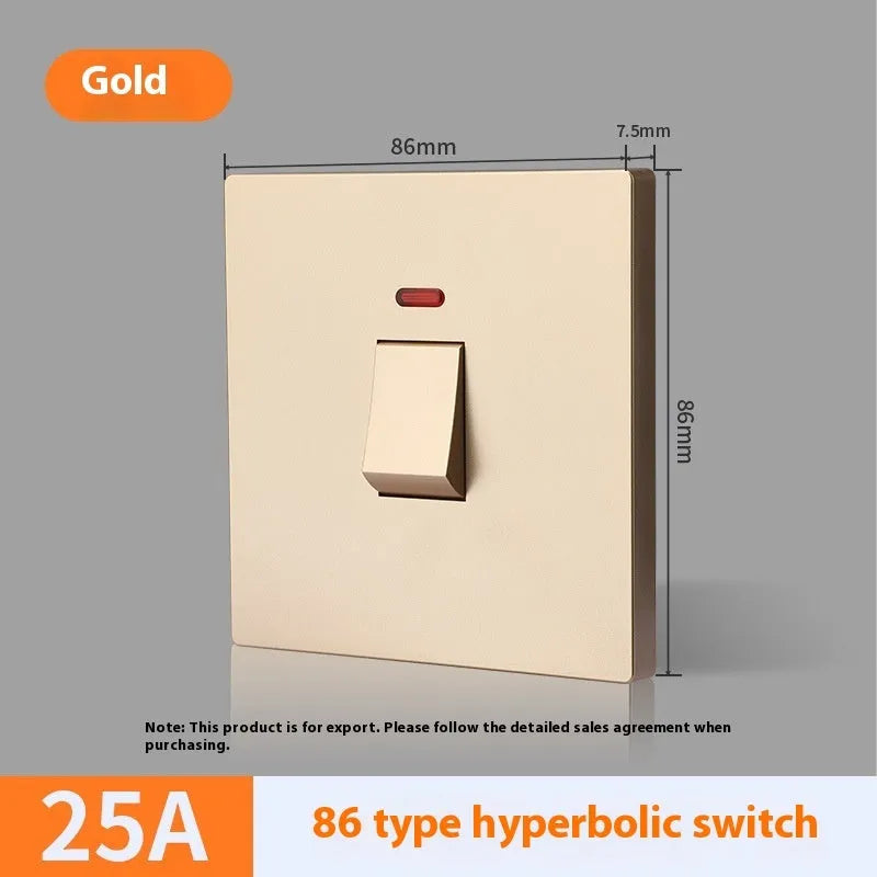 A white, high-current double-break electrical switch with a light panel indicator, shown alongside gold and grey colour variants.