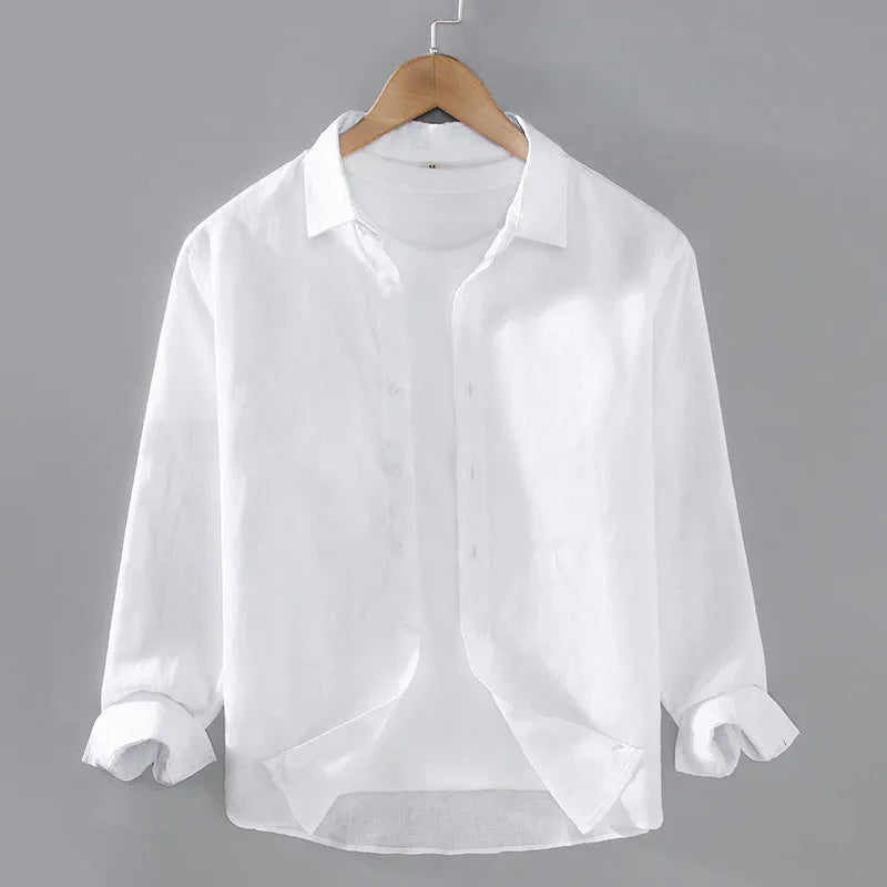 Men's pure linen simple cardigan shirt in a solid colour with long sleeves.