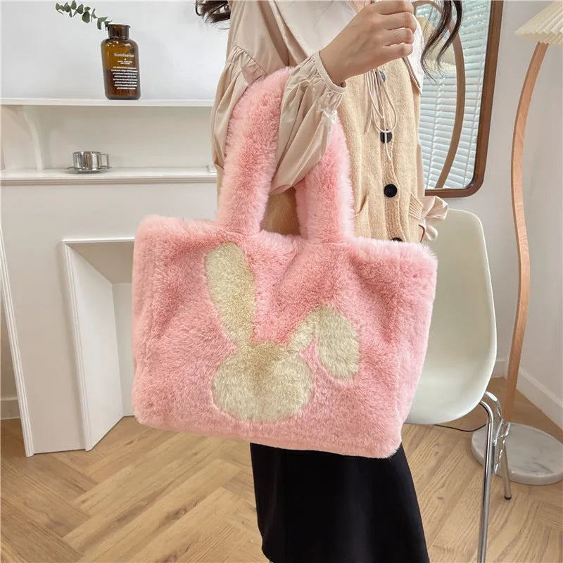 Plush cartoon rabbit ears shoulder bag in solid colour with large capacity design