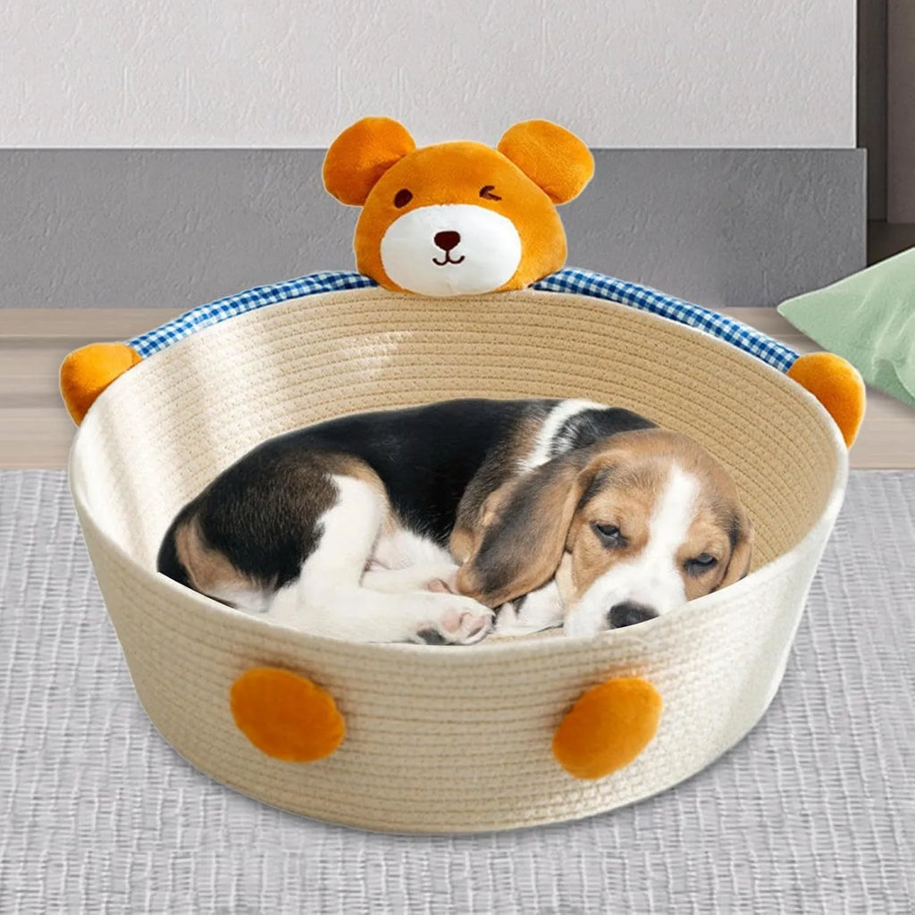 Woven cotton rope pet basket functioning as a cat bed, scratcher, and storage container in a natural colour.