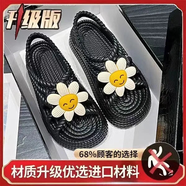Women's beige PVC sandals with sunflower design, round toe and non-slip sole.