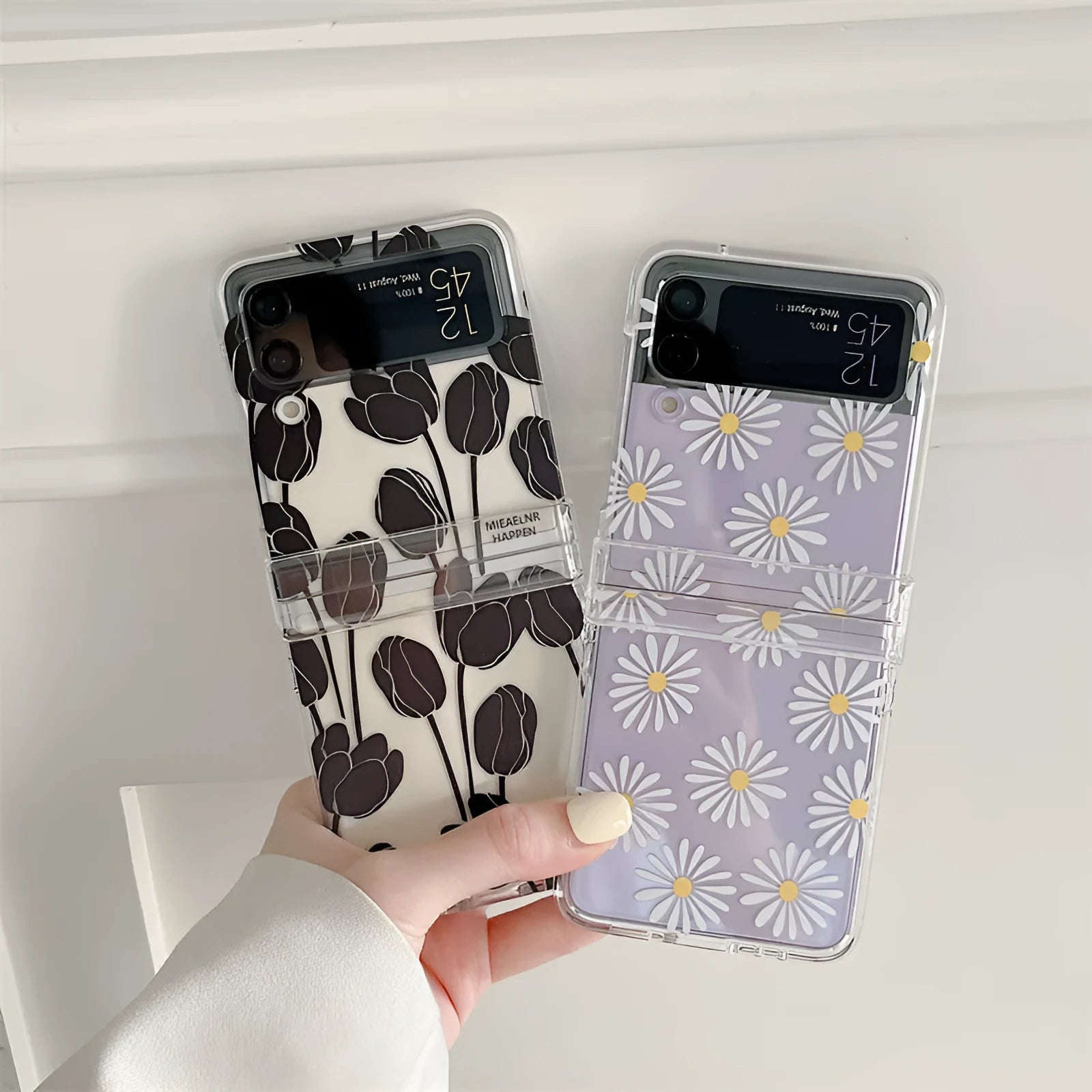 Samsung Galaxy Flip phone case with flower pattern and folding screen protector in clear PC material
