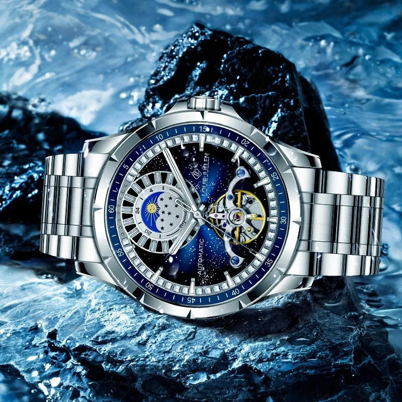 Men's silver alloy automatic mechanical watch with blue dial and stainless steel bracelet