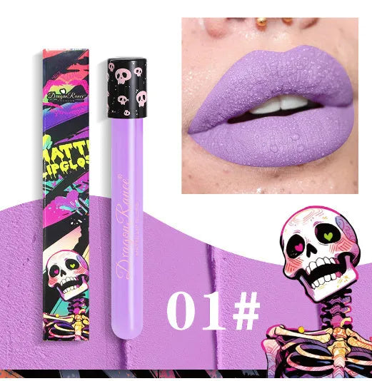 Halloween retro matte lip gloss in test tube skull packaging showing gold silver colours