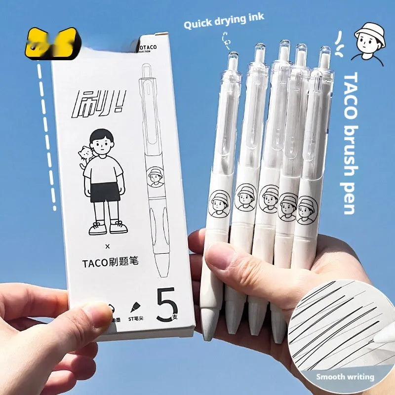 Set of five white barrel ballpoint pens with 0.5mm tips and black ink, shown with a black plastic storage case.
