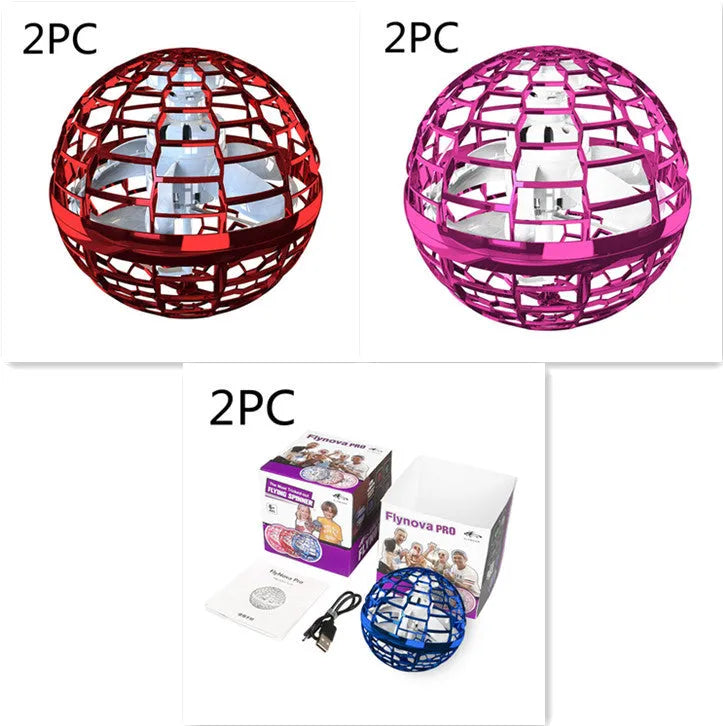 Blue LED spinning flying ball toy and magic wand set on a neutral background.