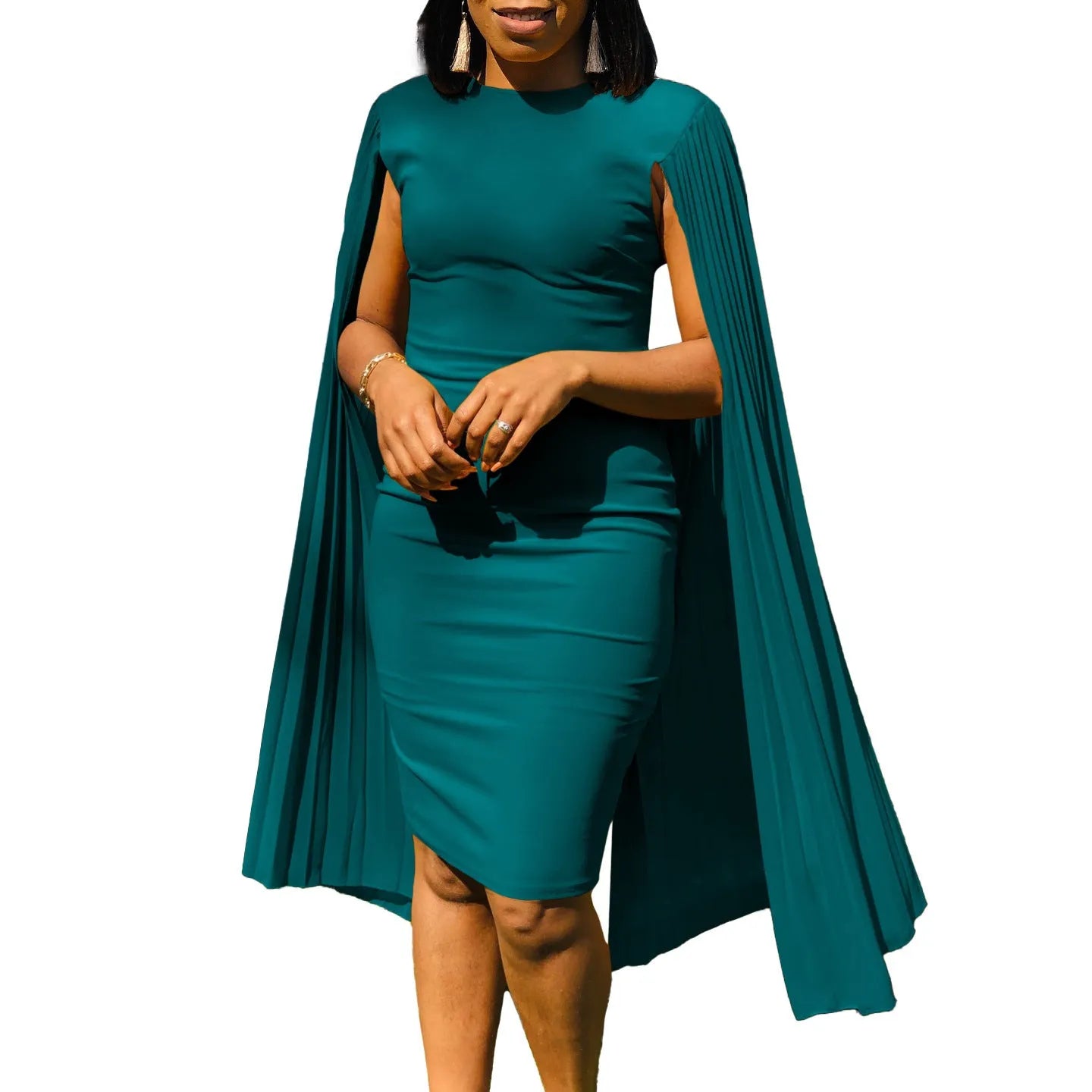 Long sleeve high waist evening gown with a round neck and pleated shawl detail.