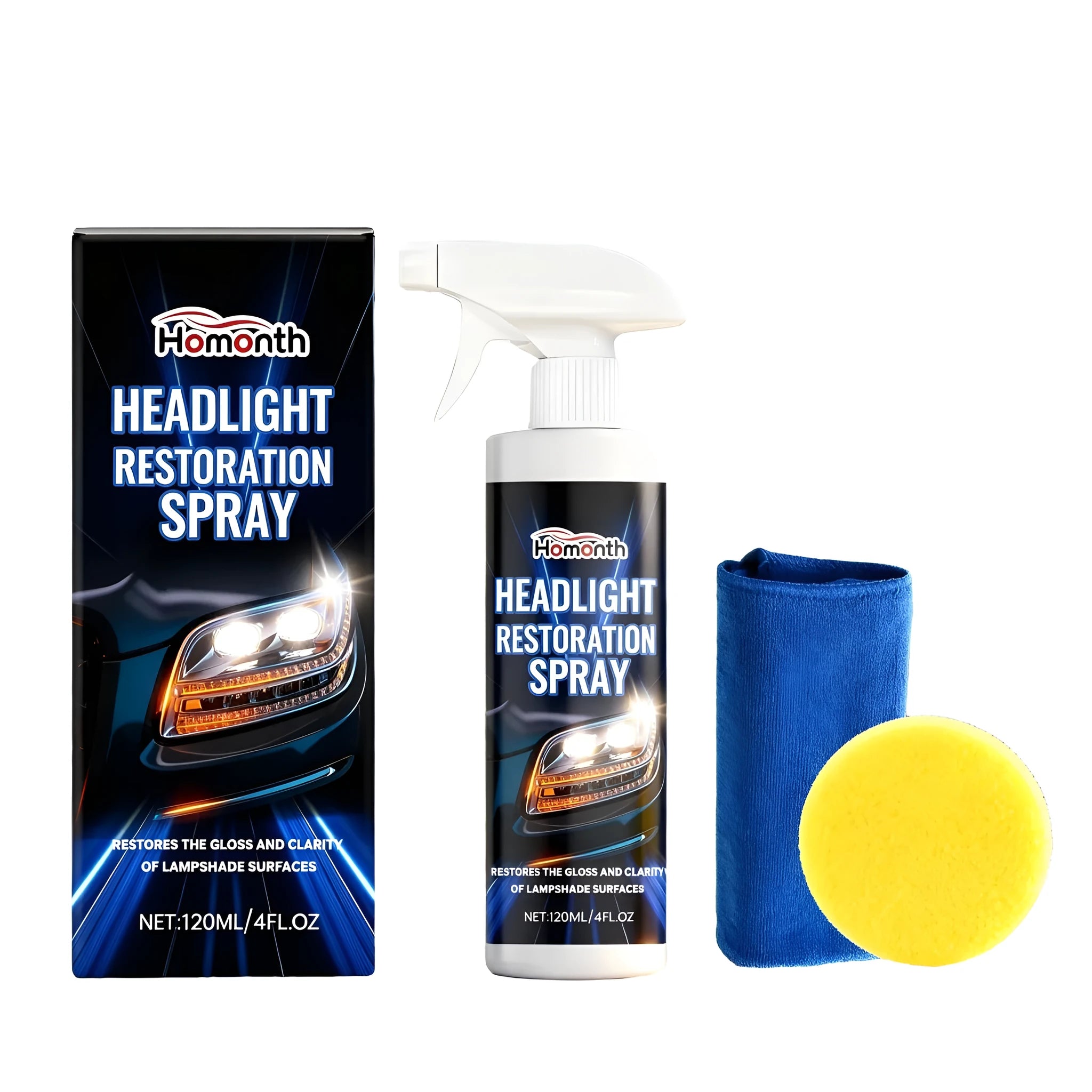 HOMONTH headlight restoration spray 120ml bottle with sponge and towel