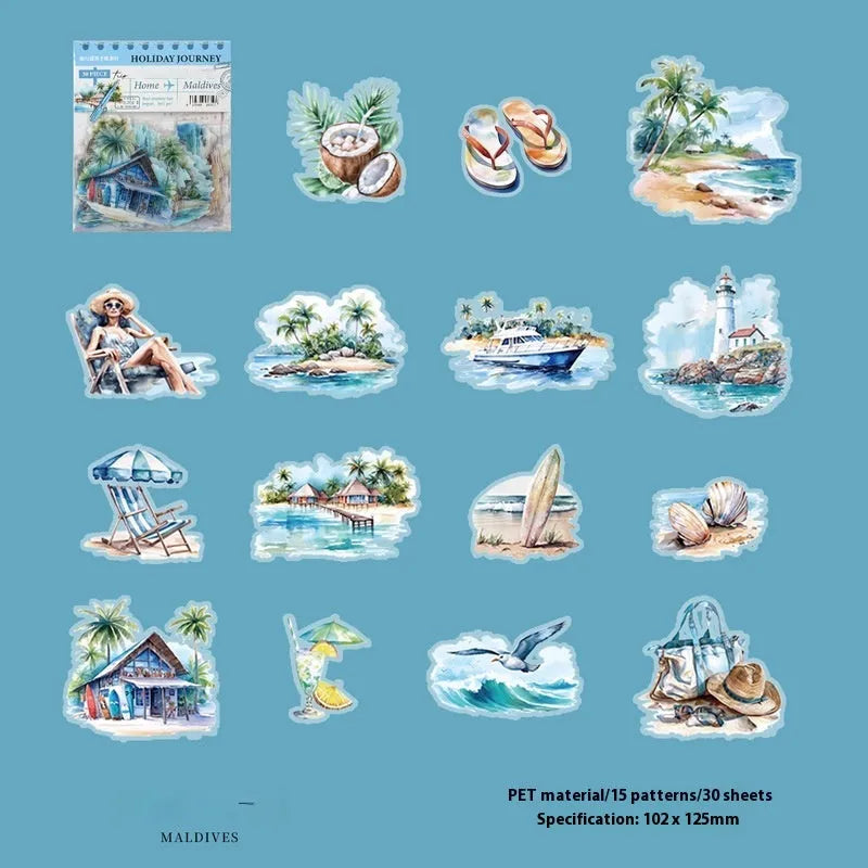 Retro-style printed stickers showing architecture from Paris Arc de Triomphe, London Big Ben, Maldives, Zurich, Rome, and Bangkok.