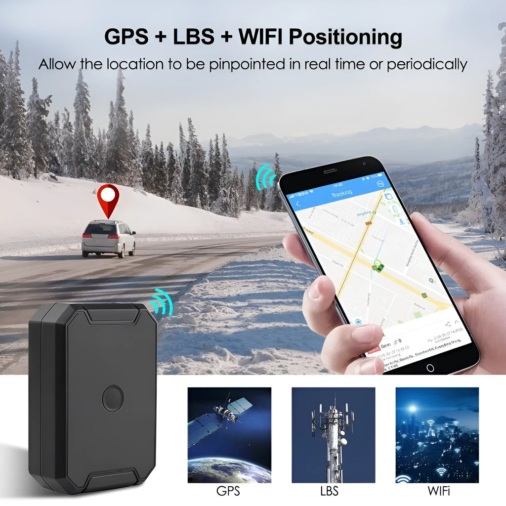 Black GPS car locator with 6000mAh battery showing IP65 waterproof rating and ceramic antenna