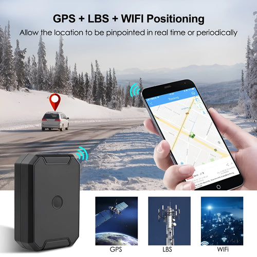 Black GPS car locator with 6000mAh battery showing IP65 waterproof rating and ceramic antenna