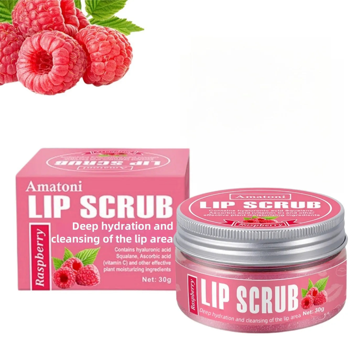 Amatoni lip scrub cream in 30g container with coconut, raspberry, vanilla, and watermelon flavour options