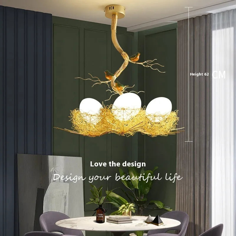 Wind bird's nest pendant light with Tuhao Gold aluminum wire lamp body, Nordic style bar lighting