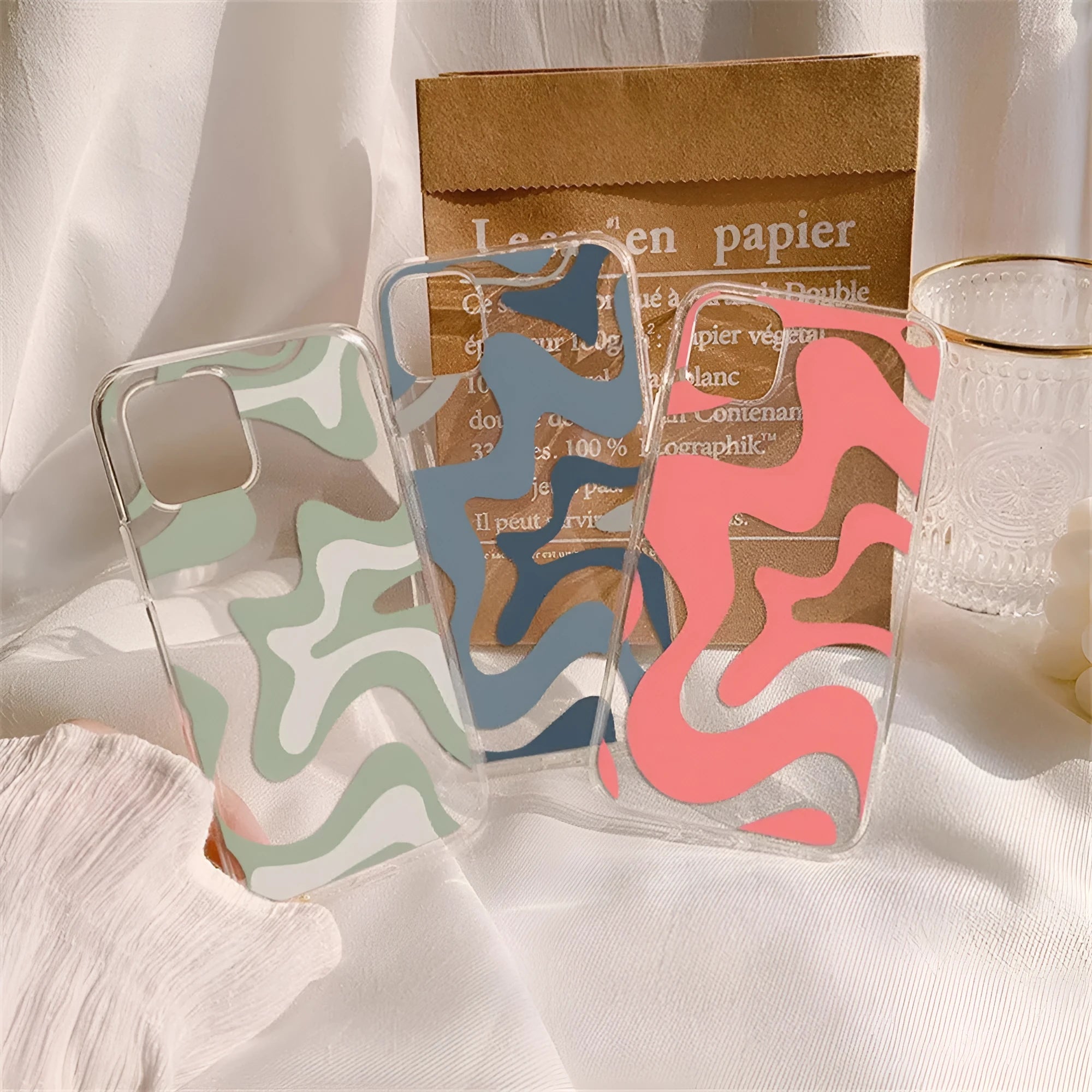 Transparent TPU soft shell phone case with striped wave pattern for iPhone