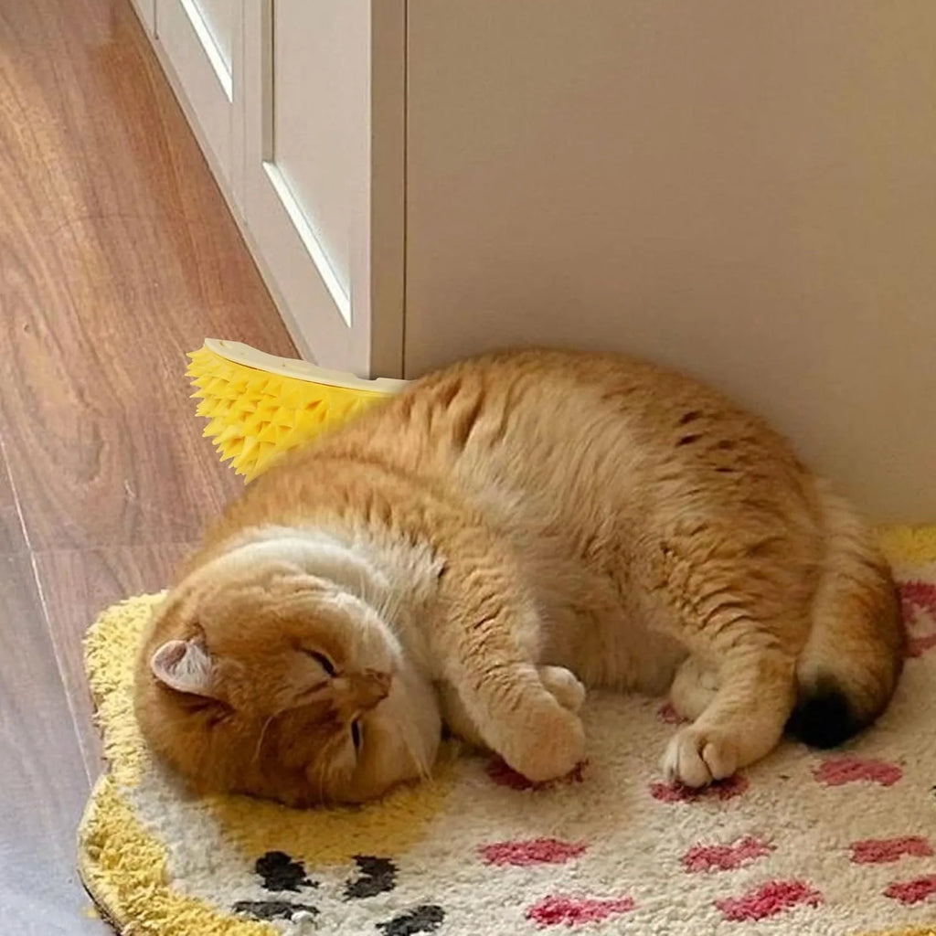Yellow durian-shaped cat corner scratcher with spiked surface for wall mounting