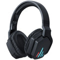 Luminous black wireless over-ear headphones with a headband, shown with a 3.5mm audio cable.