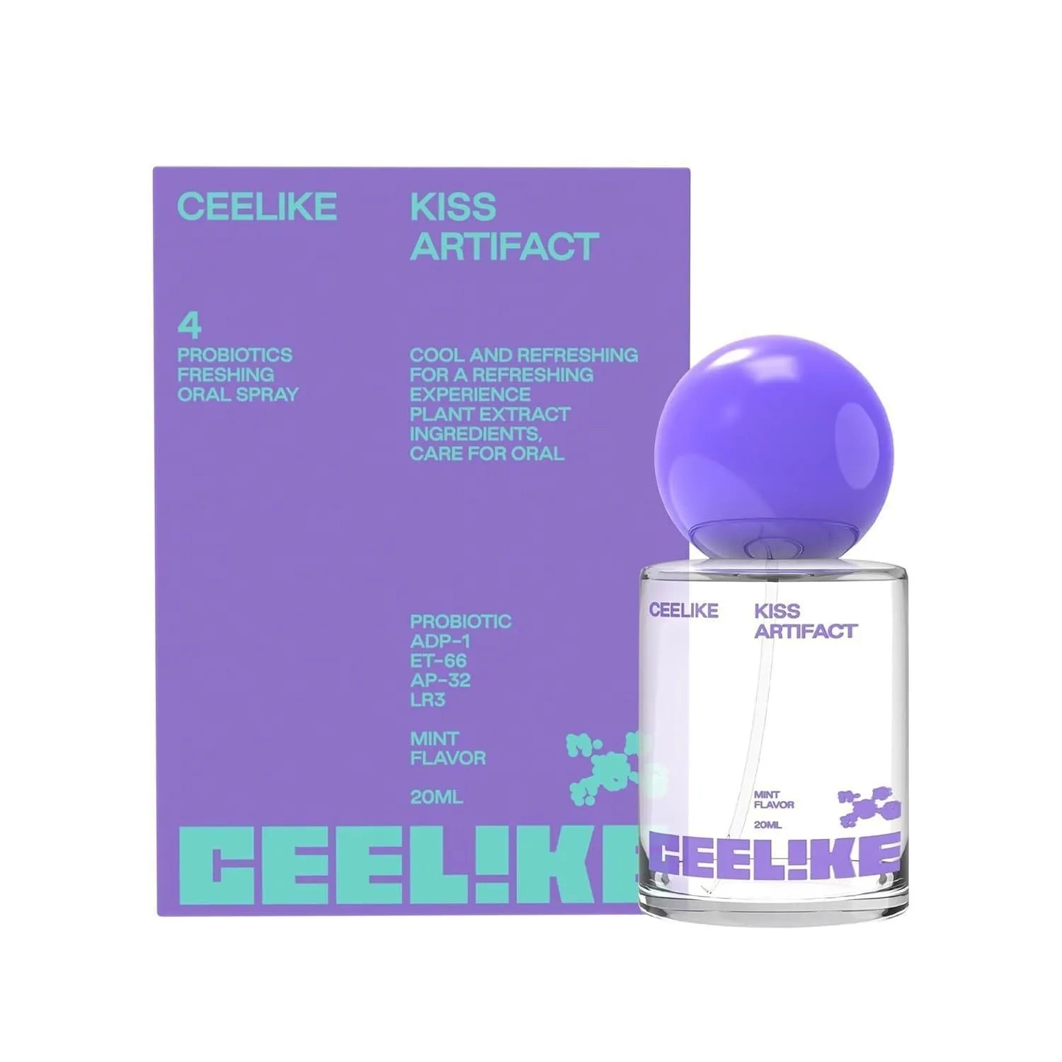 A portable 20ml bottle of probiotics oral care spray with a white pump spray head.