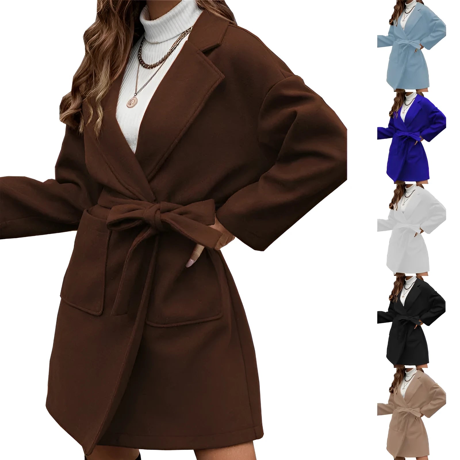 Long sleeve lapel coat with belt closure and split hem in Dragon and Phoenix polyester fabric