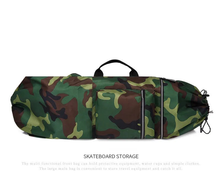 Waterproof nylon skateboard backpack in camouflage colours showing equipment compartments