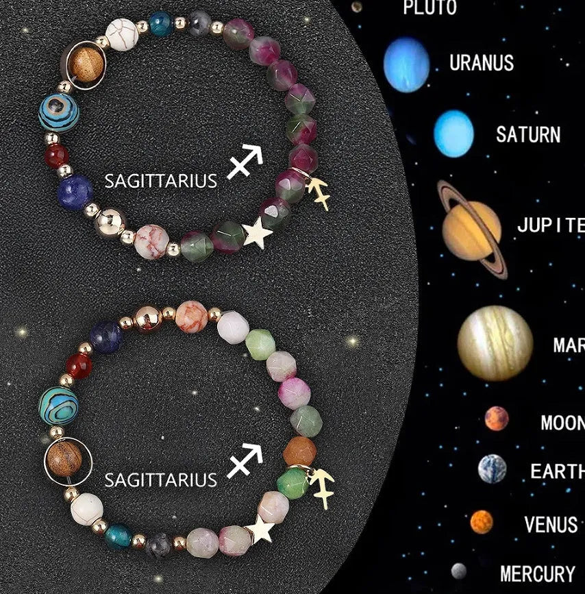 Set of two natural stone beaded bracelets on a wrist, each representing a different zodiac sign style.