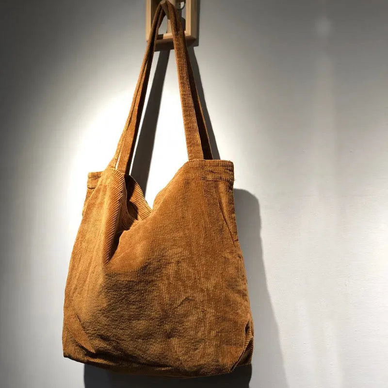 Large corduroy shoulder tote bag for women, 42x45cm, soft plush material, open top, pleated retro style in solid colour
