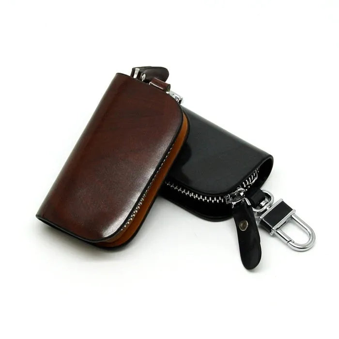 Genuine soft cowhide leather car key case in black or brown with frosted finish