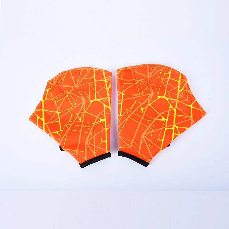 Outdoor swimming gloves with green duck feet webbing between fingers for water sports.