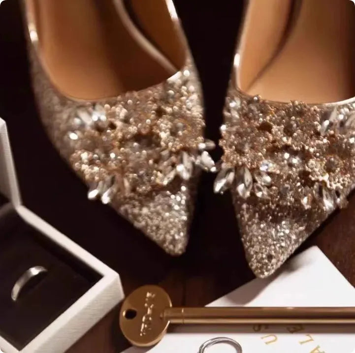 Champagne wedding shoes with rhinestone fragmented flower pattern and pointed toe
