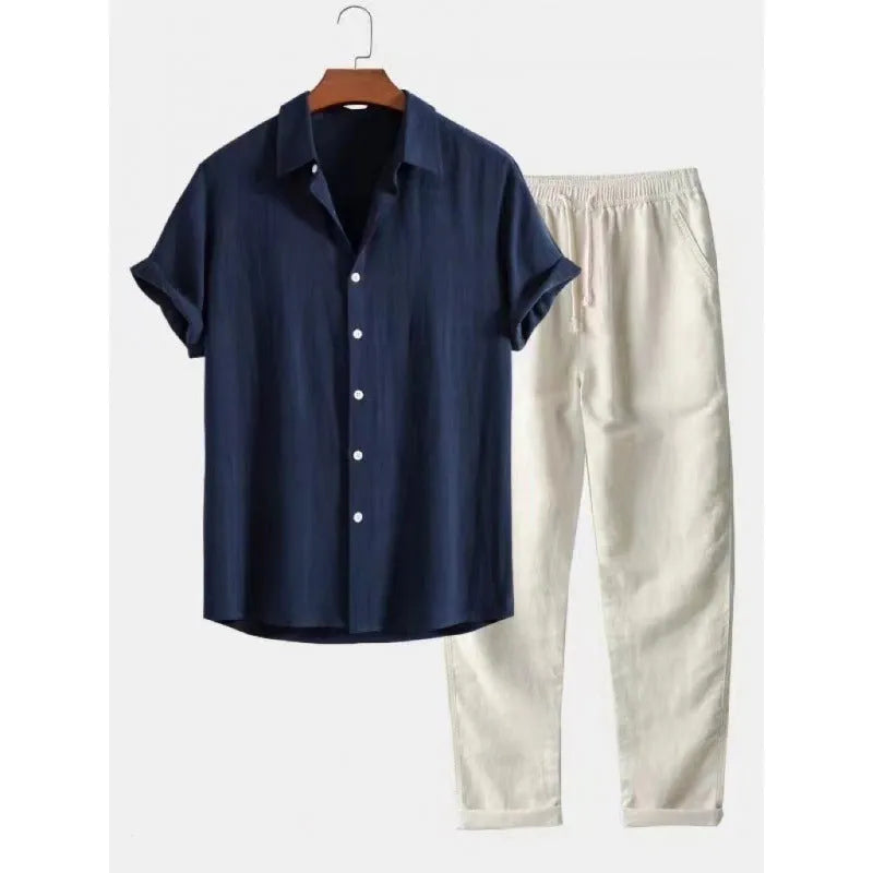 Men's casual linen-look shirt and trouser set in multiple colours with short sleeves and loose fit