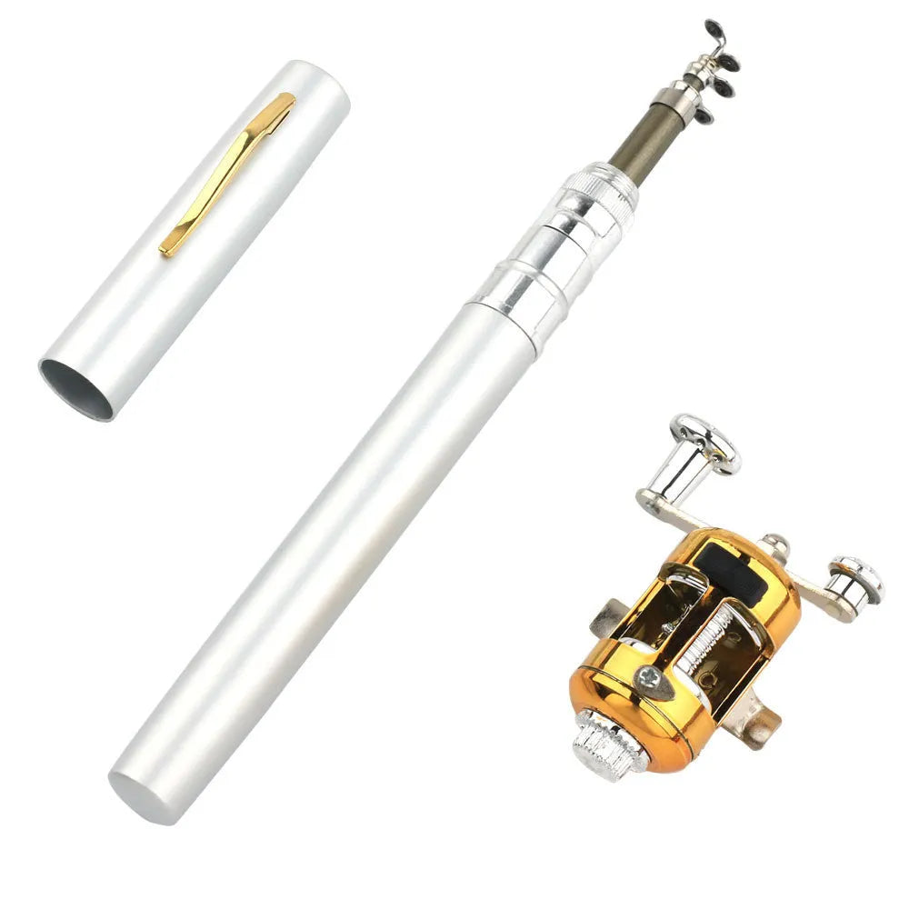 Telescopic pen fishing rod kit with aluminium case shown in gold colour alongside extended 1 metre fibreglass rod and ST5RL fishing reel