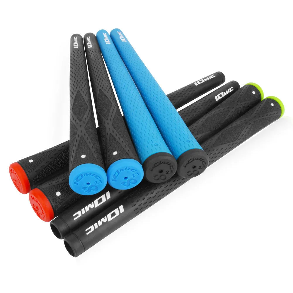TPE non-slip golf club grip shown in multiple colour options including red, blue, and black.