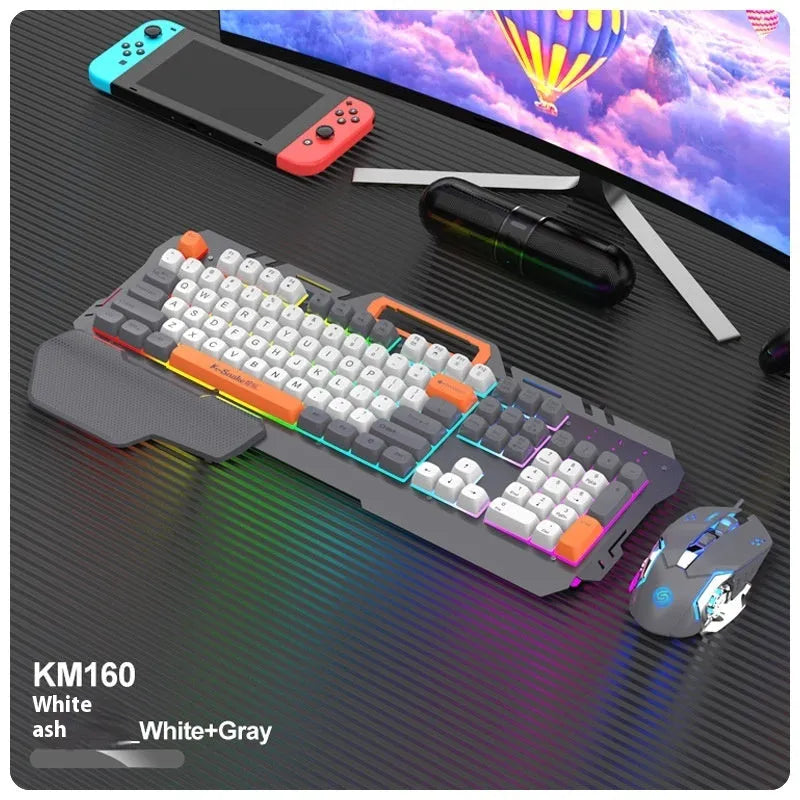 Blue wired gaming keyboard and mouse set with backlit keys on a desk