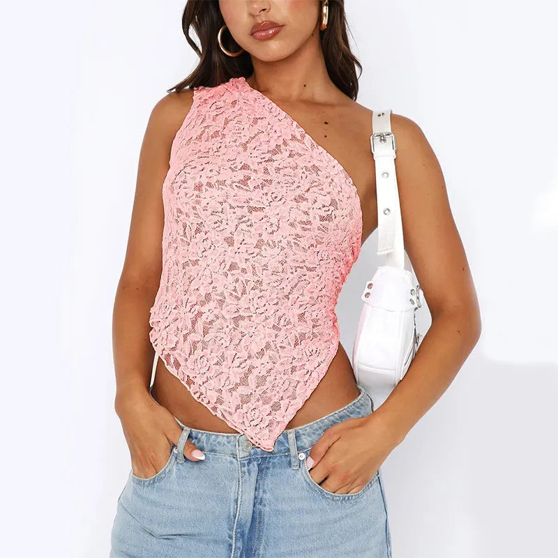 Women's slim fit lace backless sleeveless top with asymmetrical neckline in solid colour