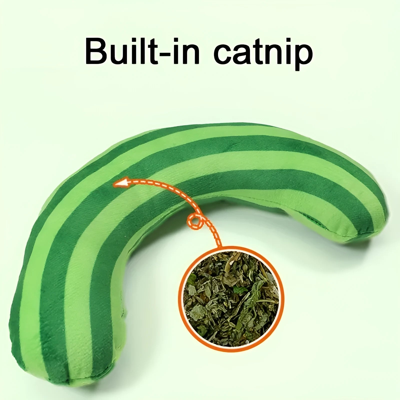 Green cat toy set containing a noise maker with catnip and a small striped pillow on a neutral background