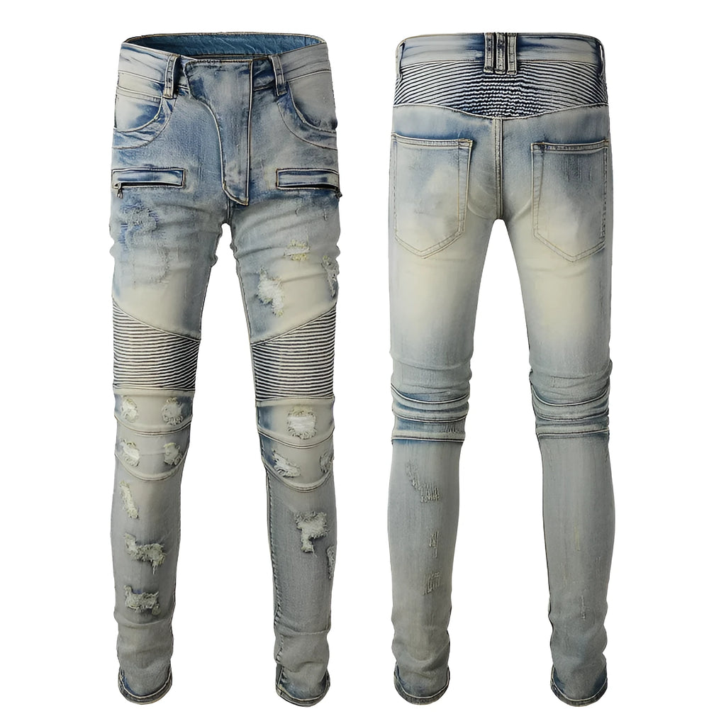 Men's light blue slim fit distressed jeans with hand-frayed details and a straight leg cut.