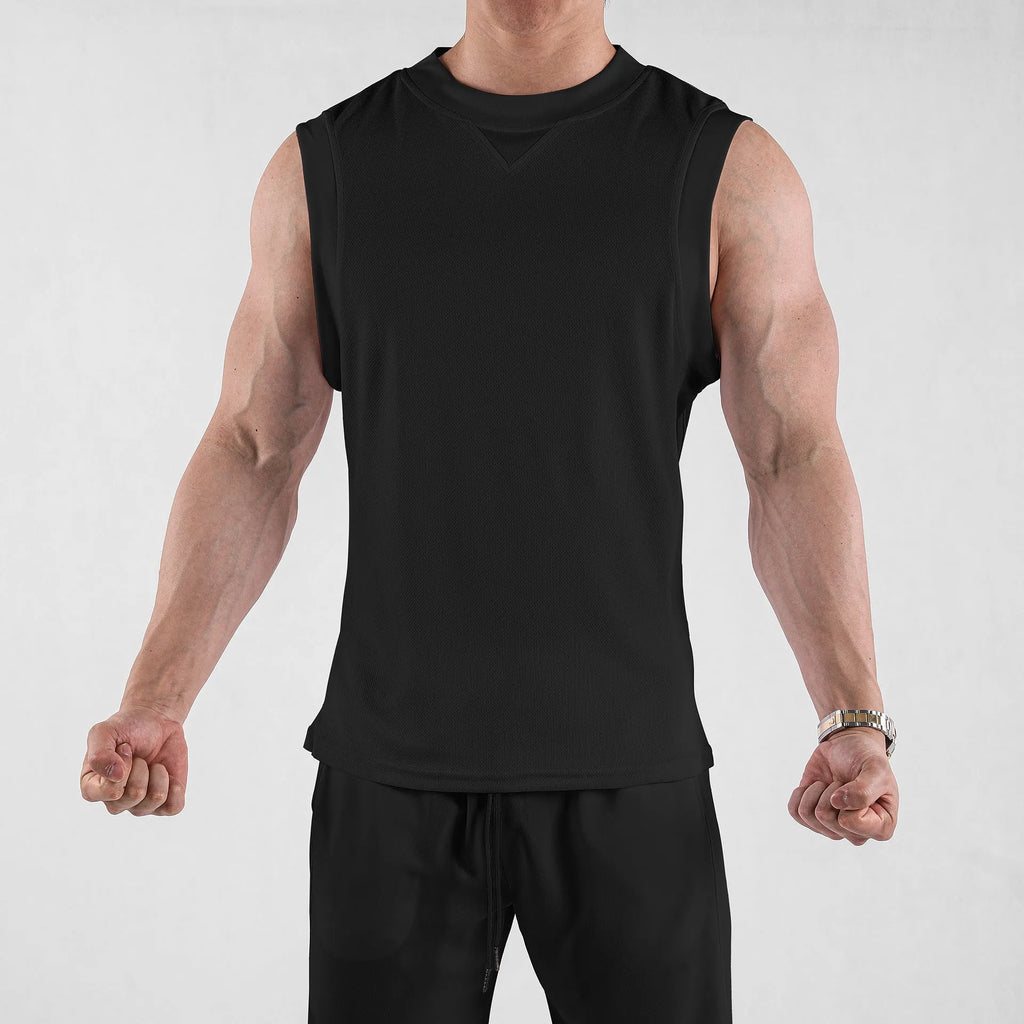 Men's loose black fitness vest on a white background
