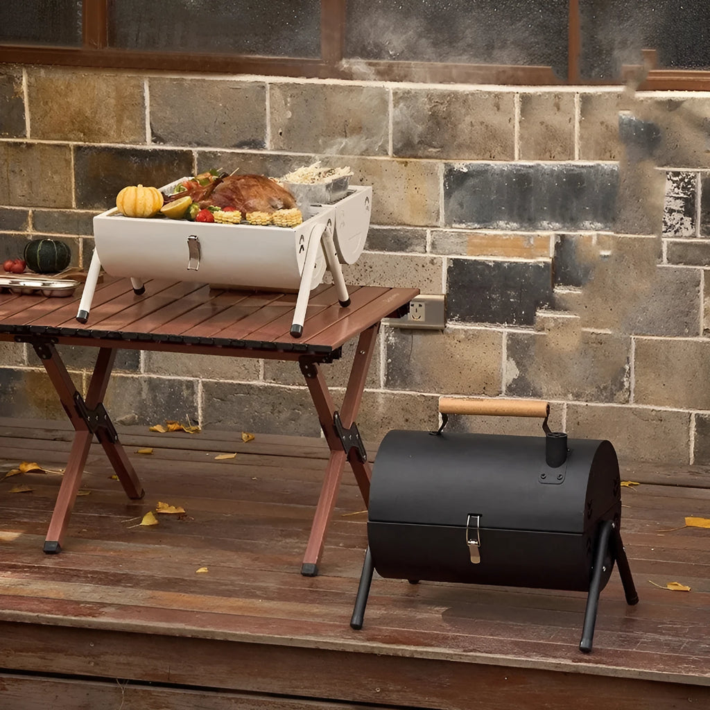 White round chimney portable charcoal grill with folding design and cooking accessories