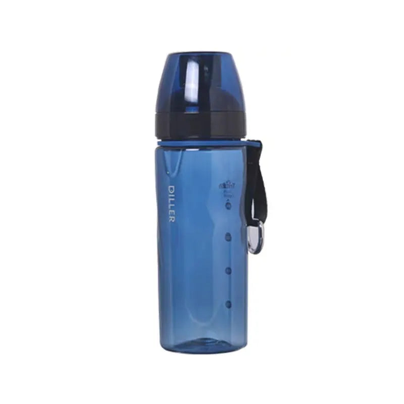 Blue portable sports water cup with a separate compartment for tea leaves on a wooden table.