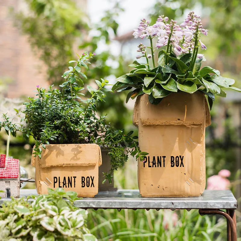 Cement brown paper box design flowerpot with drainage holes for indoor planting