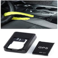Black plastic magnetic GPS car tracker device measuring 35x20x14mm with USB charging cable