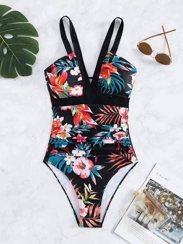Women's floral printed backless one-piece swimsuit in spandex fabric