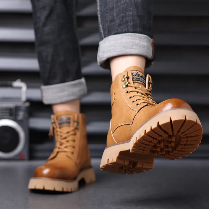 Men's brown high-top leather Martin boots with side zipper and mid heel